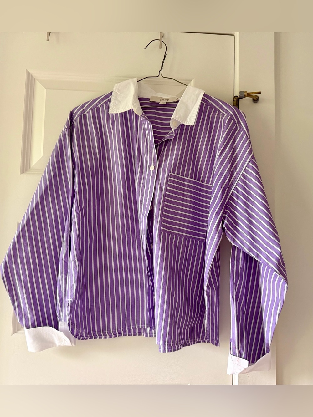 LOFT Purple and White Vertical Stripe Button-Down Shirt